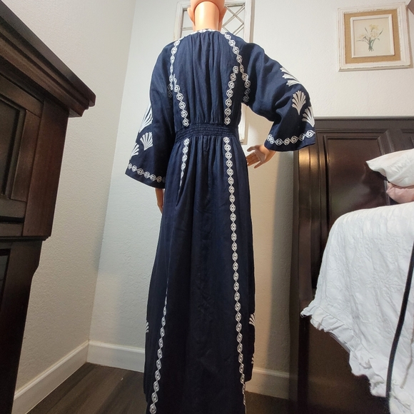 Boden UNA Blue Embroidered Elastic Waist Linen Maxi Bohemian Dress Size Large - Picture 8 of 15